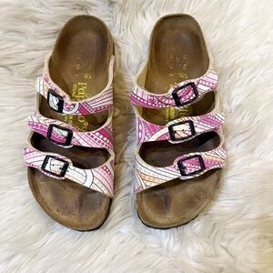 Papillio by Birkenstock Pink & White 3-Strap Slide Sandals Size 37 Women’s 6/6.5